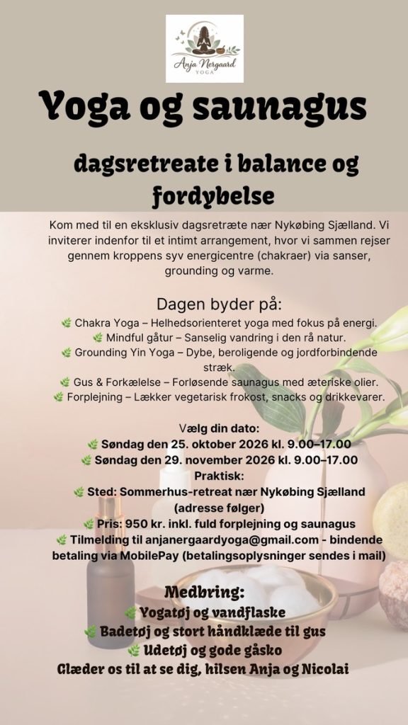 Flyer for Yoga og Saunagus i oktober og november 2026