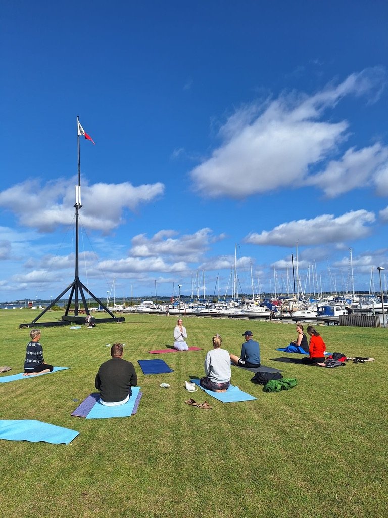 Udendørs yoga på græsset ved Holbæk Marina